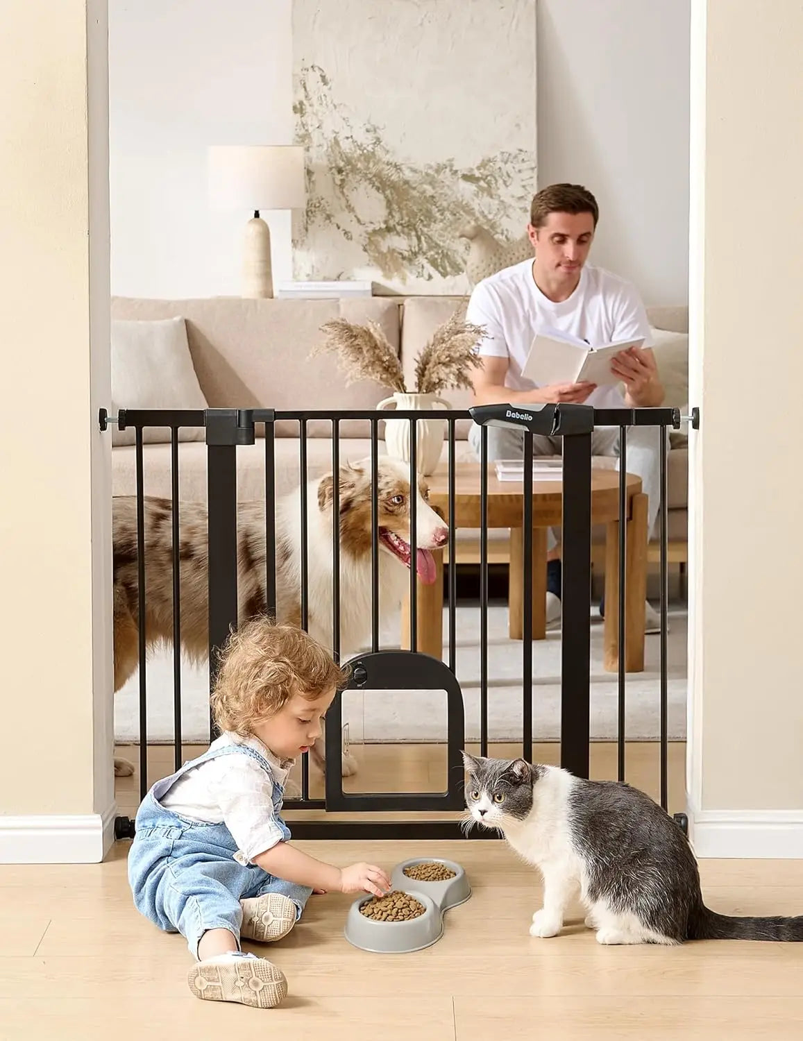 Upgraded Baby Gate With Cat Door Auto Close Walk Through