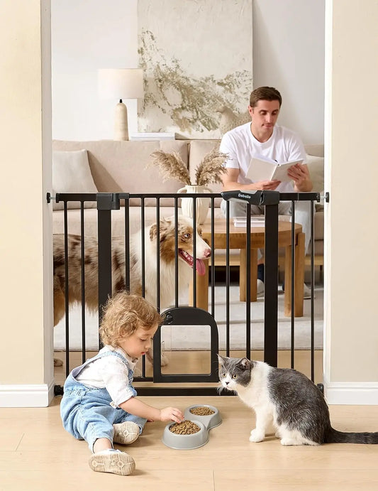 Upgraded Baby Gate With Cat Door Auto Close Walk Through