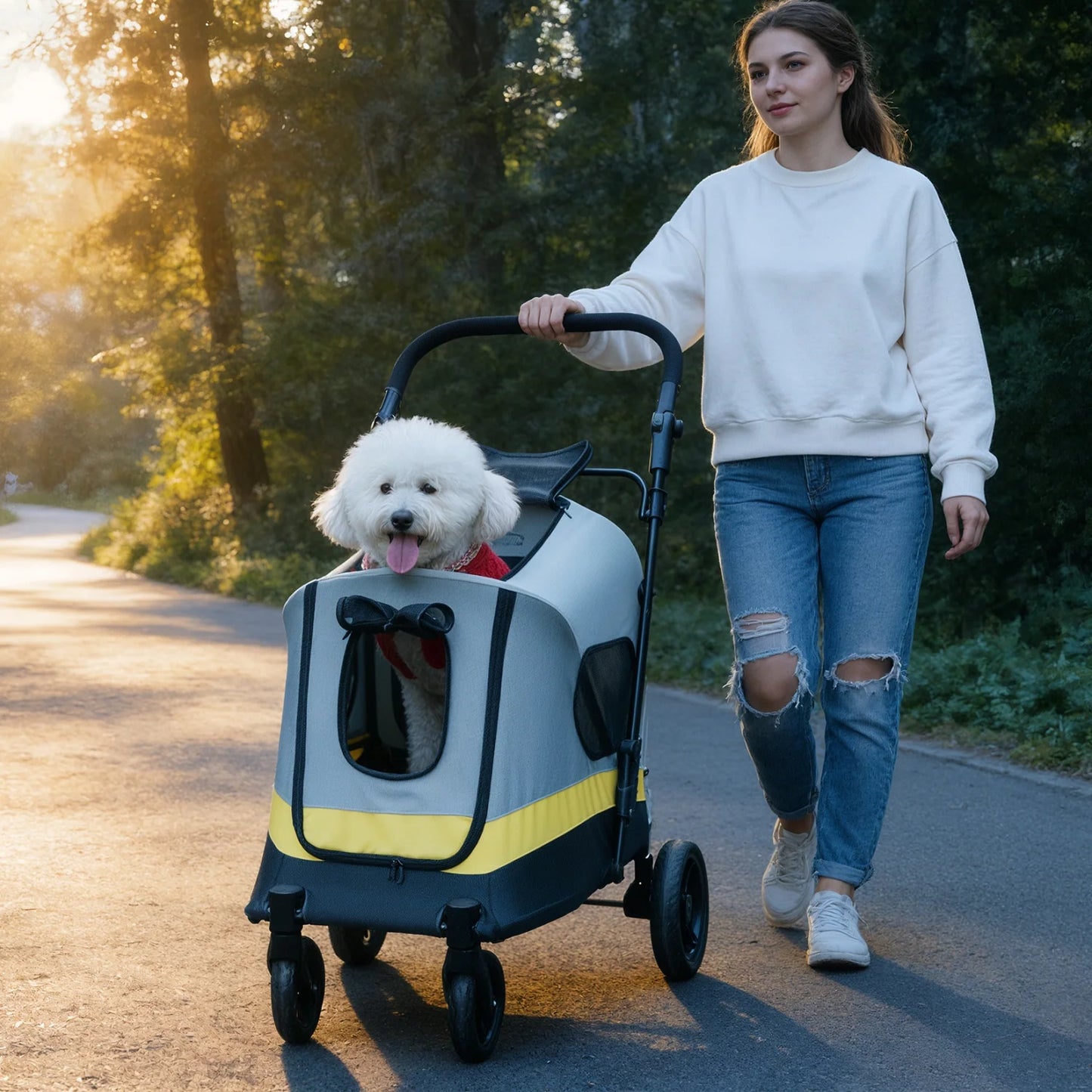 Foldable Dog Stroller With Breathable Mesh For All Breeds