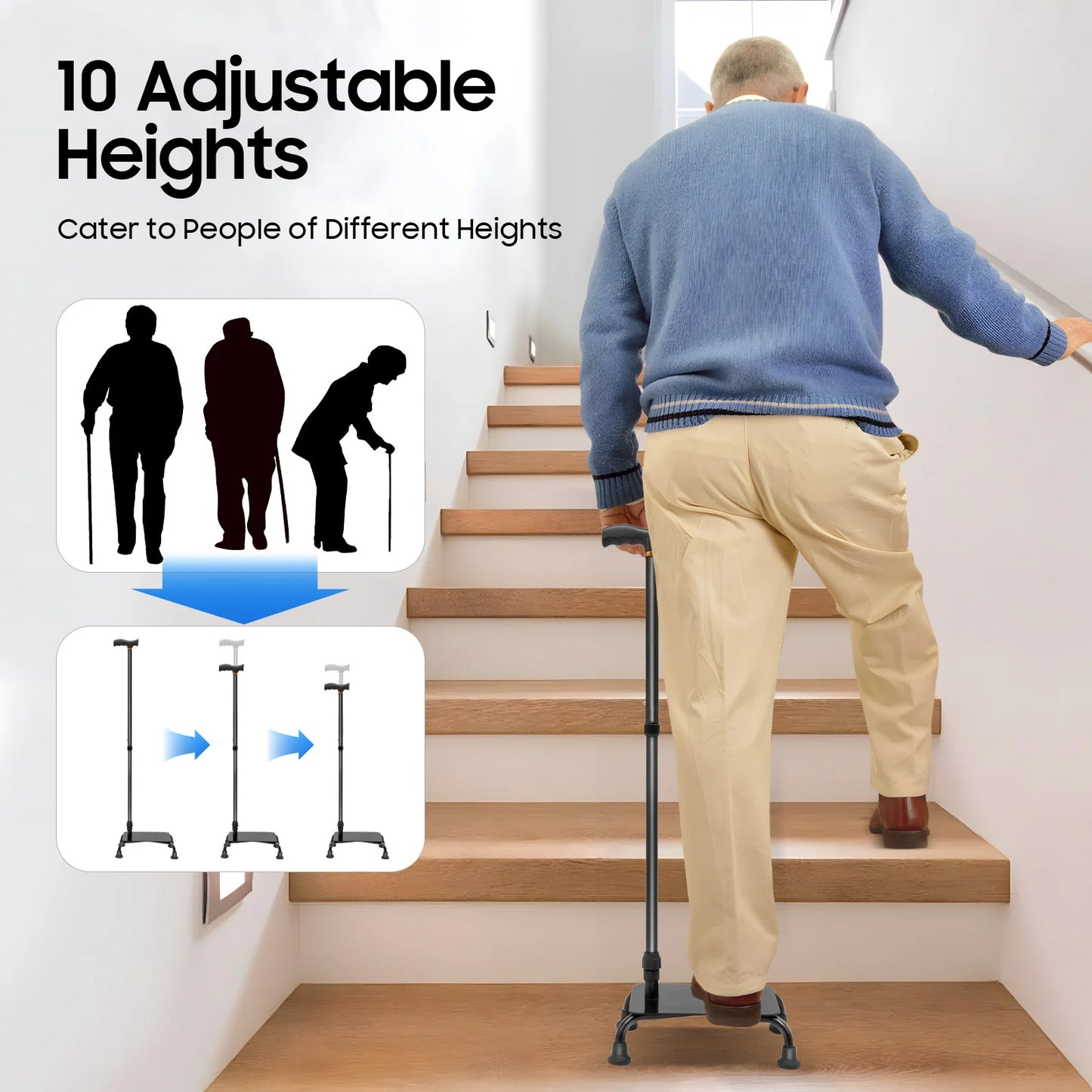 Safe Pedal Stair Lift Aid 4 Leg Walking Cane For Elderly