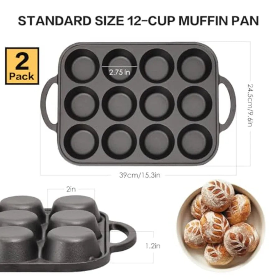 Steel Muffin Pans With Handle Preseasoned Durable 2 Pack