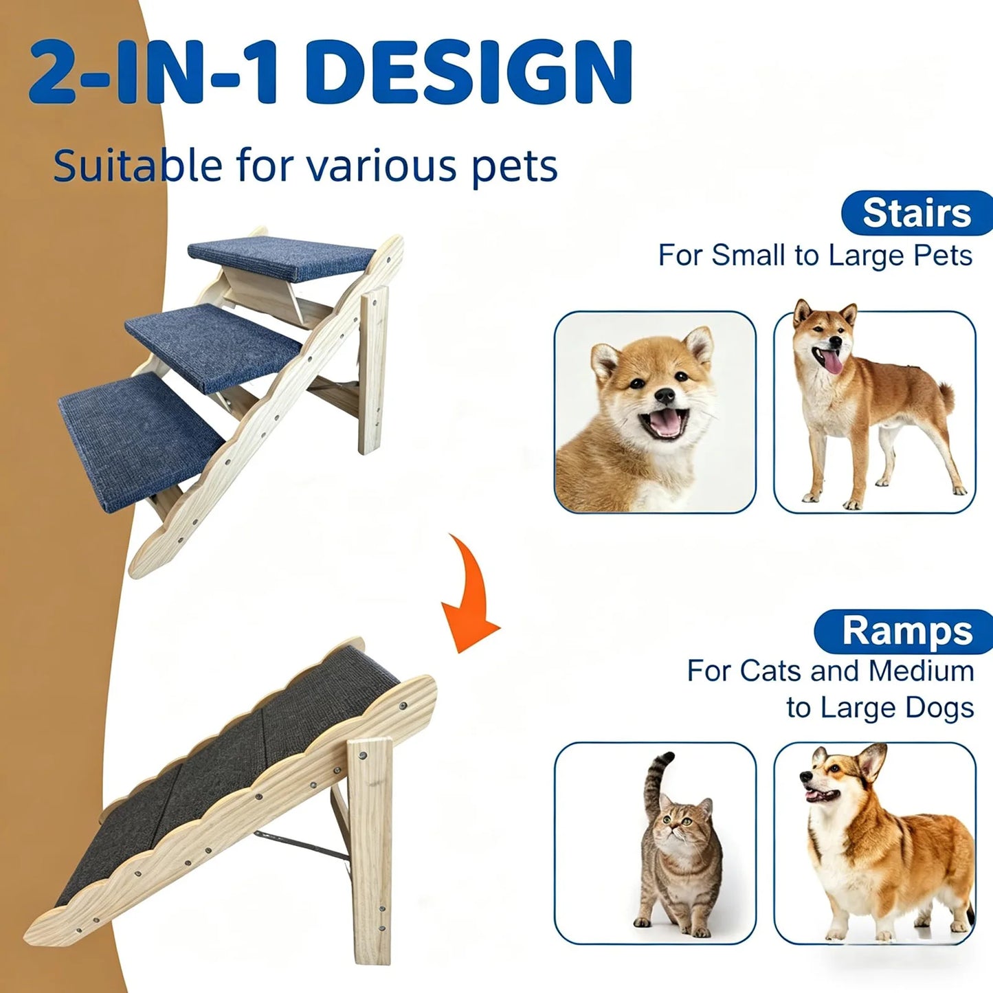 DishyKooker 2in1 Wooden Pet Stairs and Folding Ramp