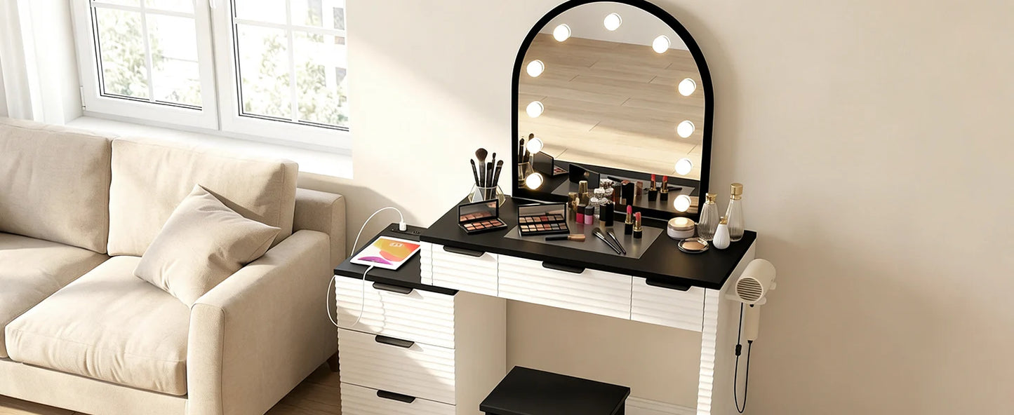 Modern Makeup Vanity Chair Set With Mirror Light Glass Top