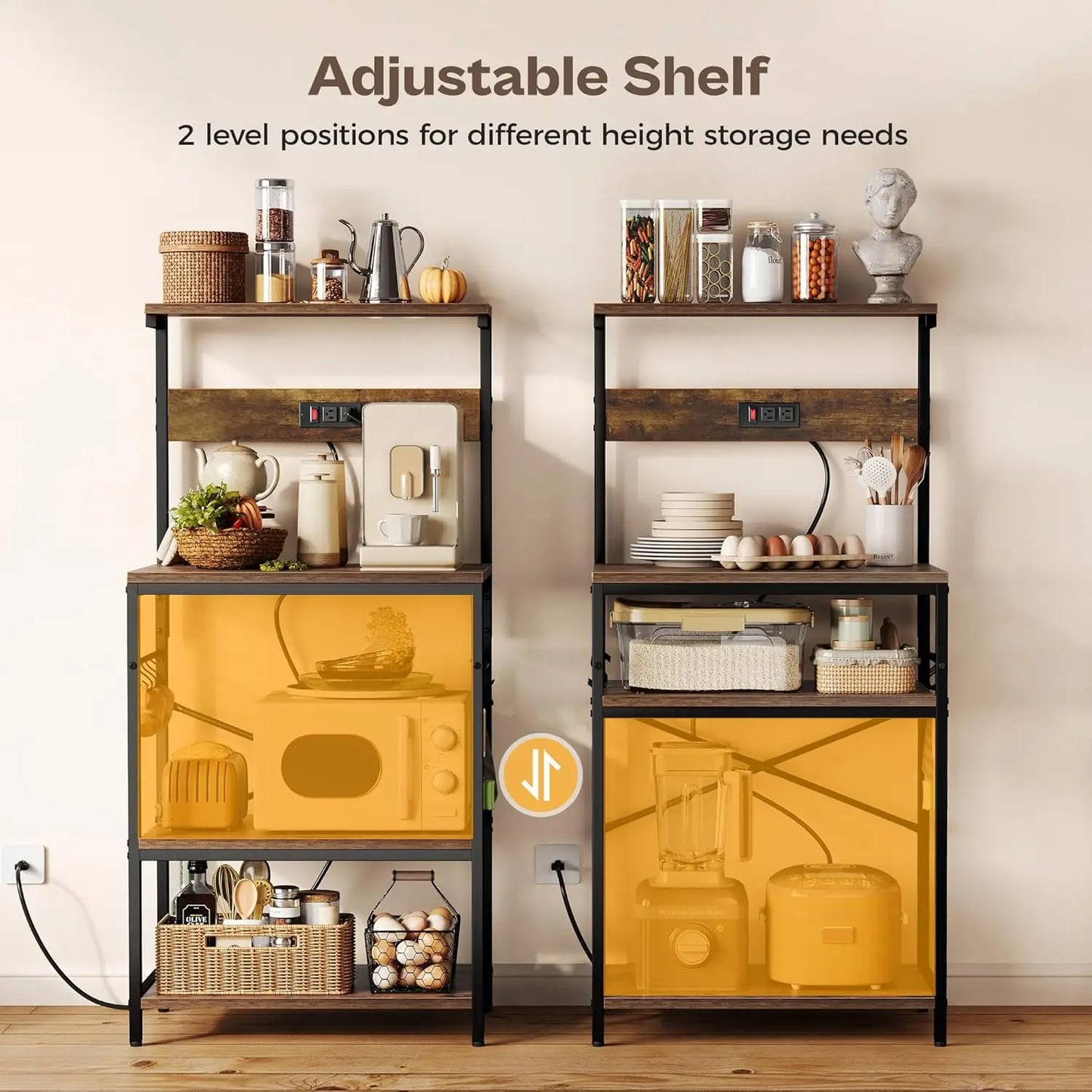 Kitchen Bakers Rack With Power Outlet Microwave Stand With Hooks