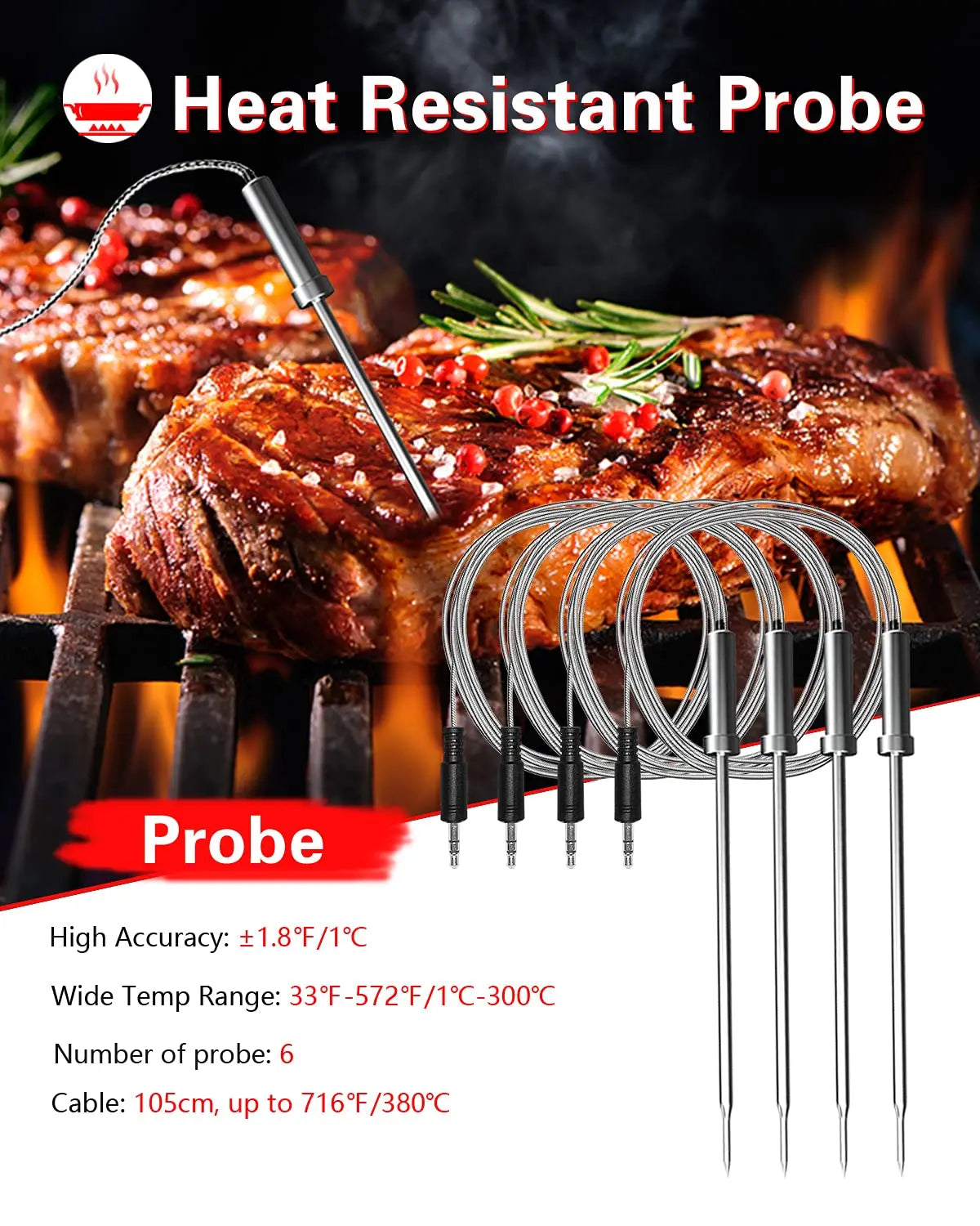 Wireless Meat Thermometer With 6 Probes Bluetooth 5.2 Large LCD