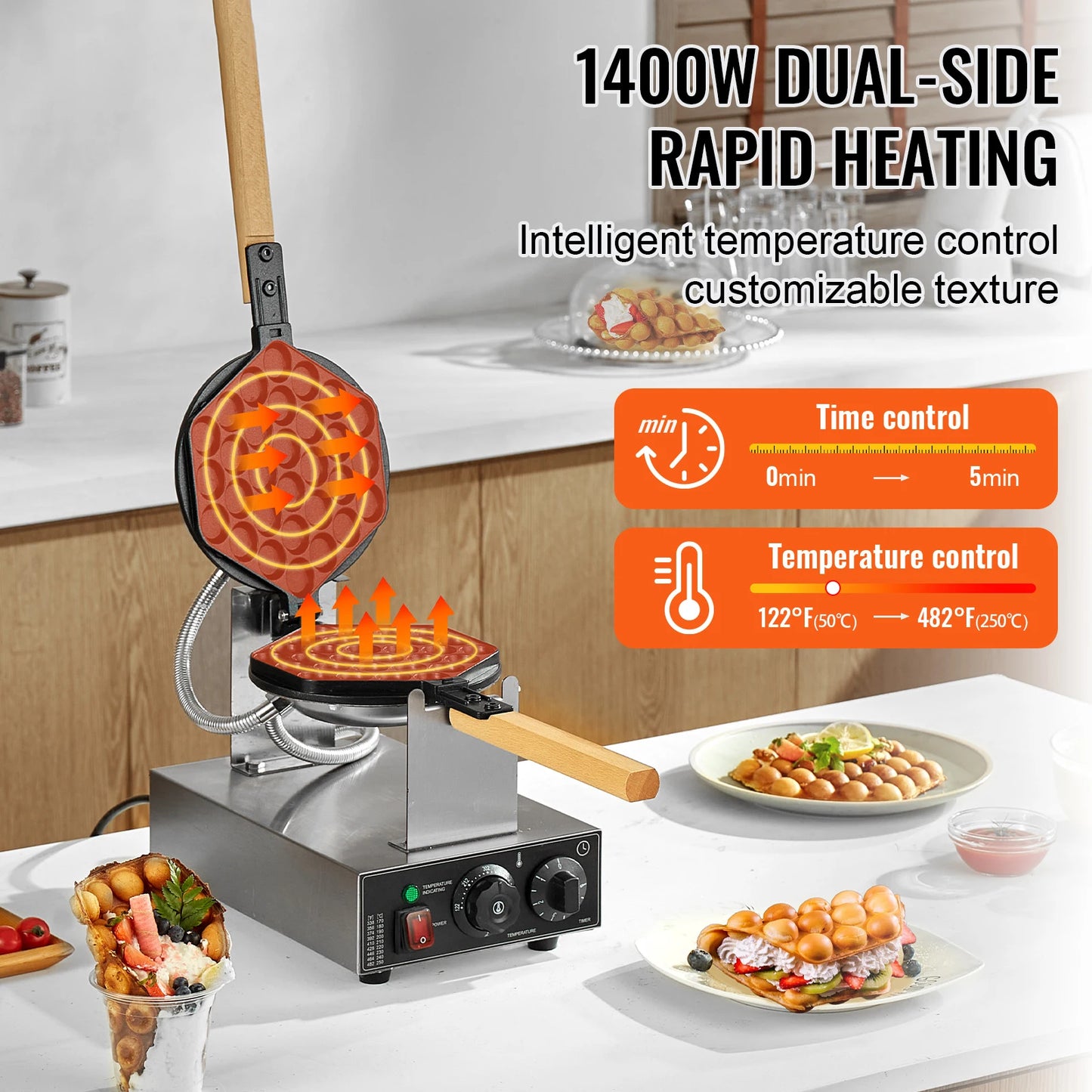 SucceBuy Commercial Egg Bubble Waffle Maker Rotatable 2 Pans