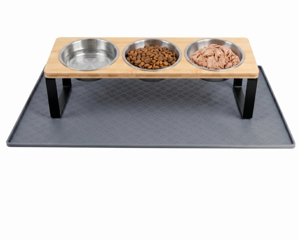 Elevated Cat Feeder With Tilted Bamboo Stand And Stainless Bowls