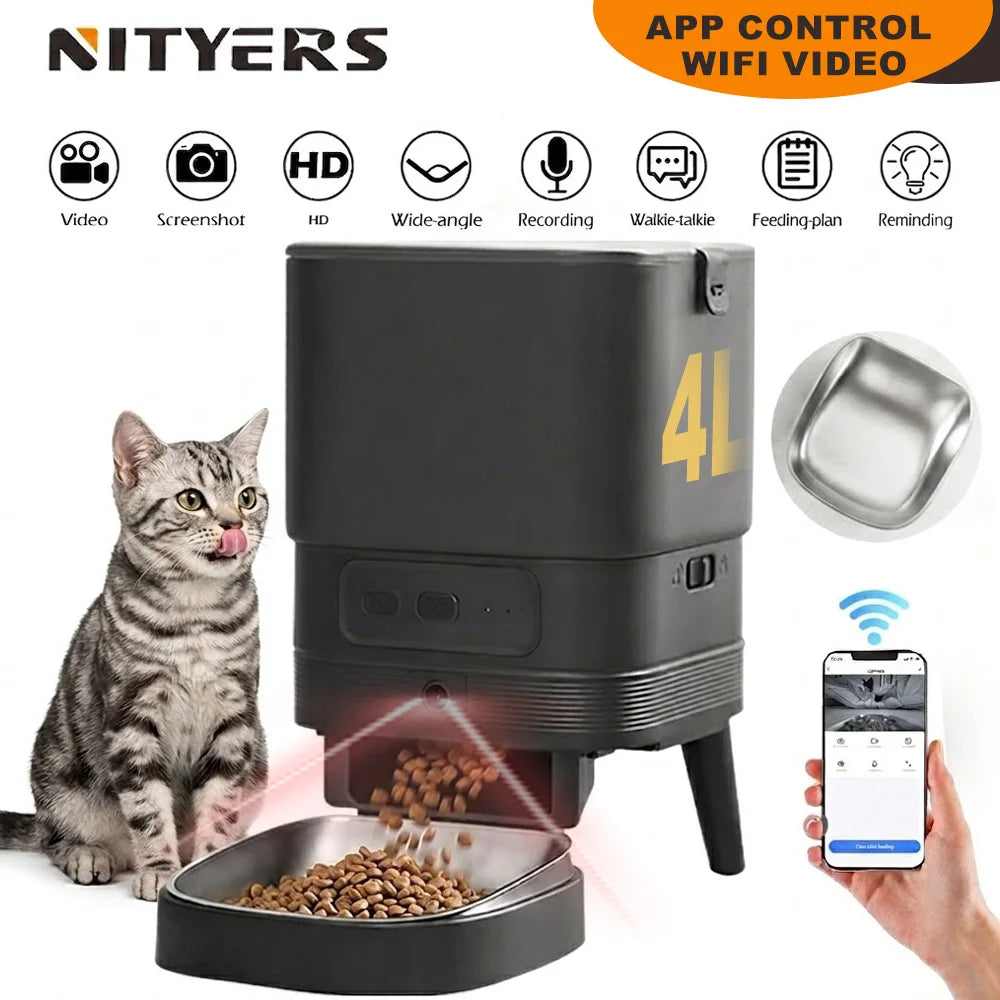 Nityers Automatic Cat Feeder With HD Camera 2.4G WiFi Night Vision Tuya APP