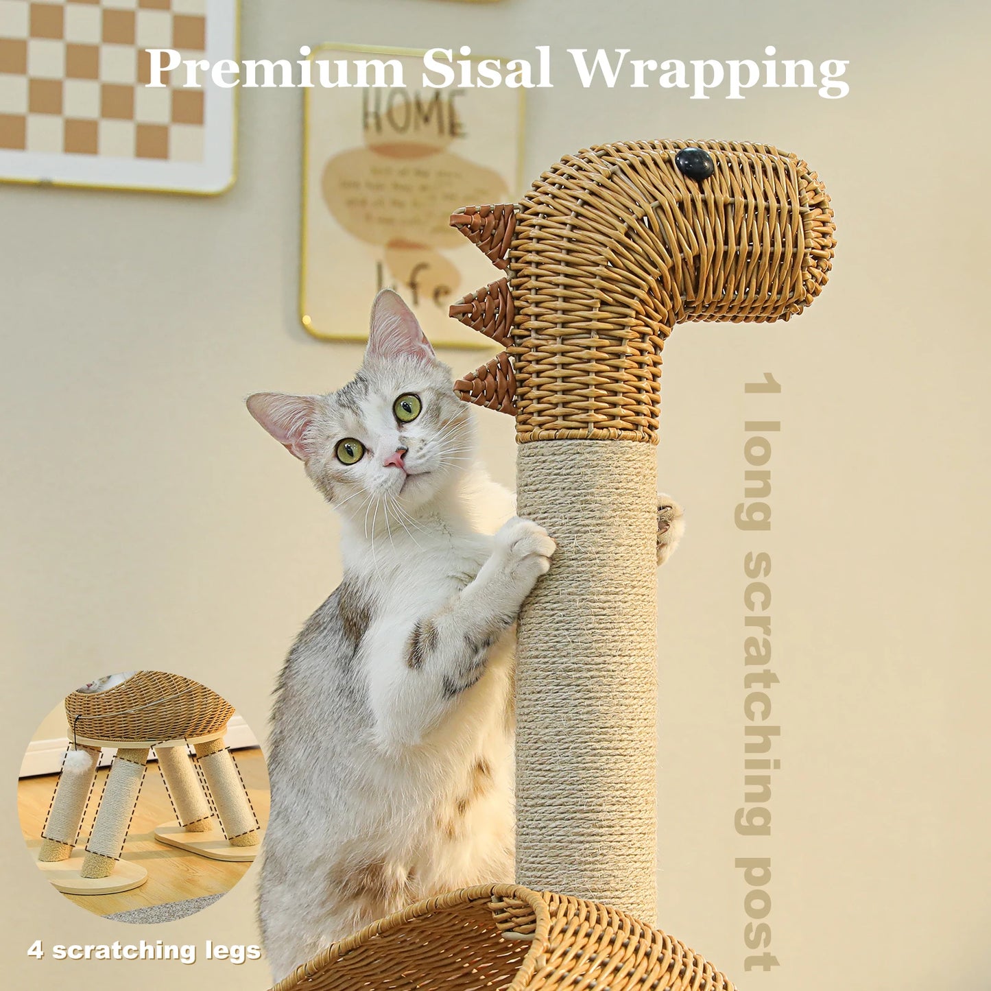 PAWZ Road Dinosaur Cat Tree Tower With Sisal Scratching Post Rattan Condo Indoor