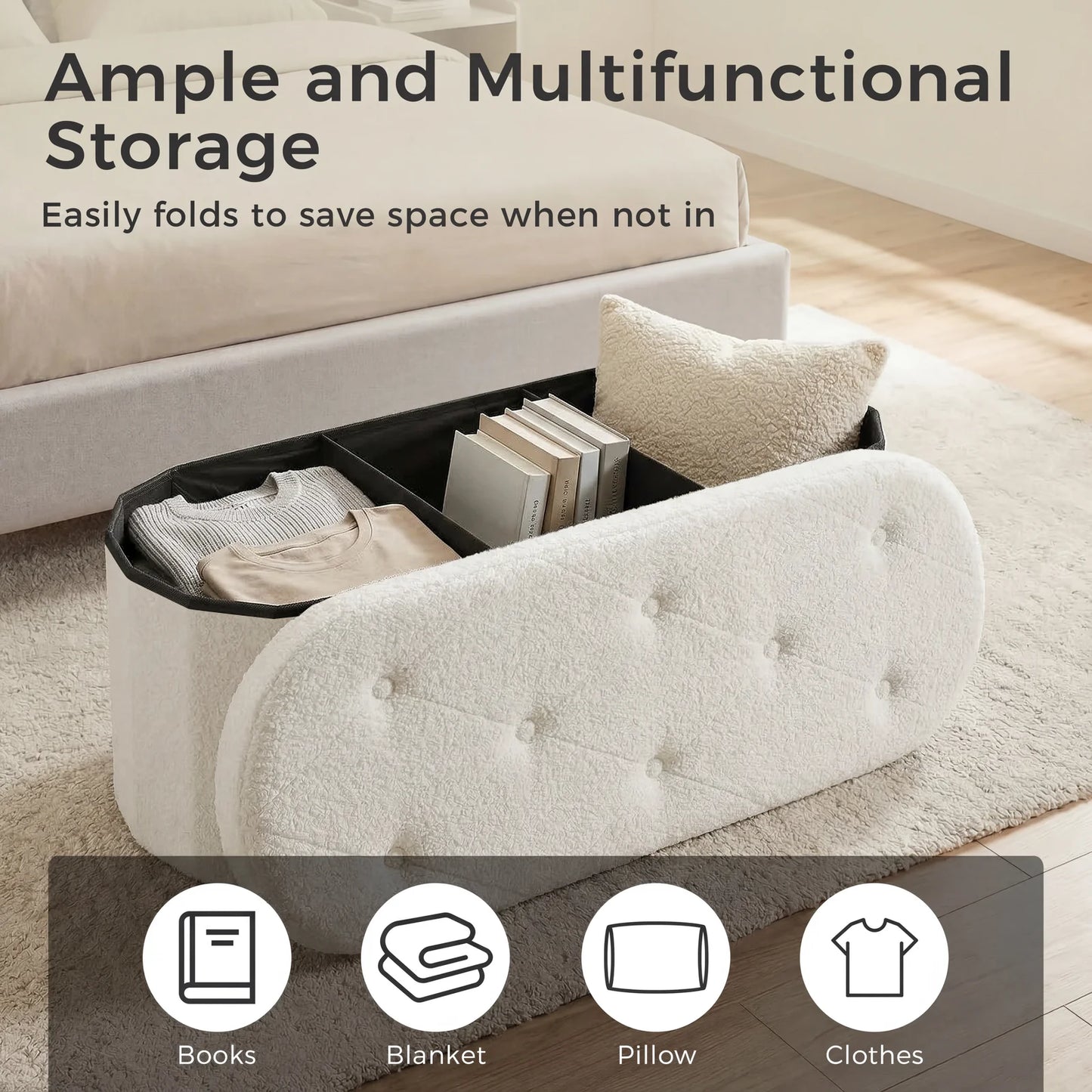 JHK Folding Storage Ottoman Bench With Cushion Teddy Fabric