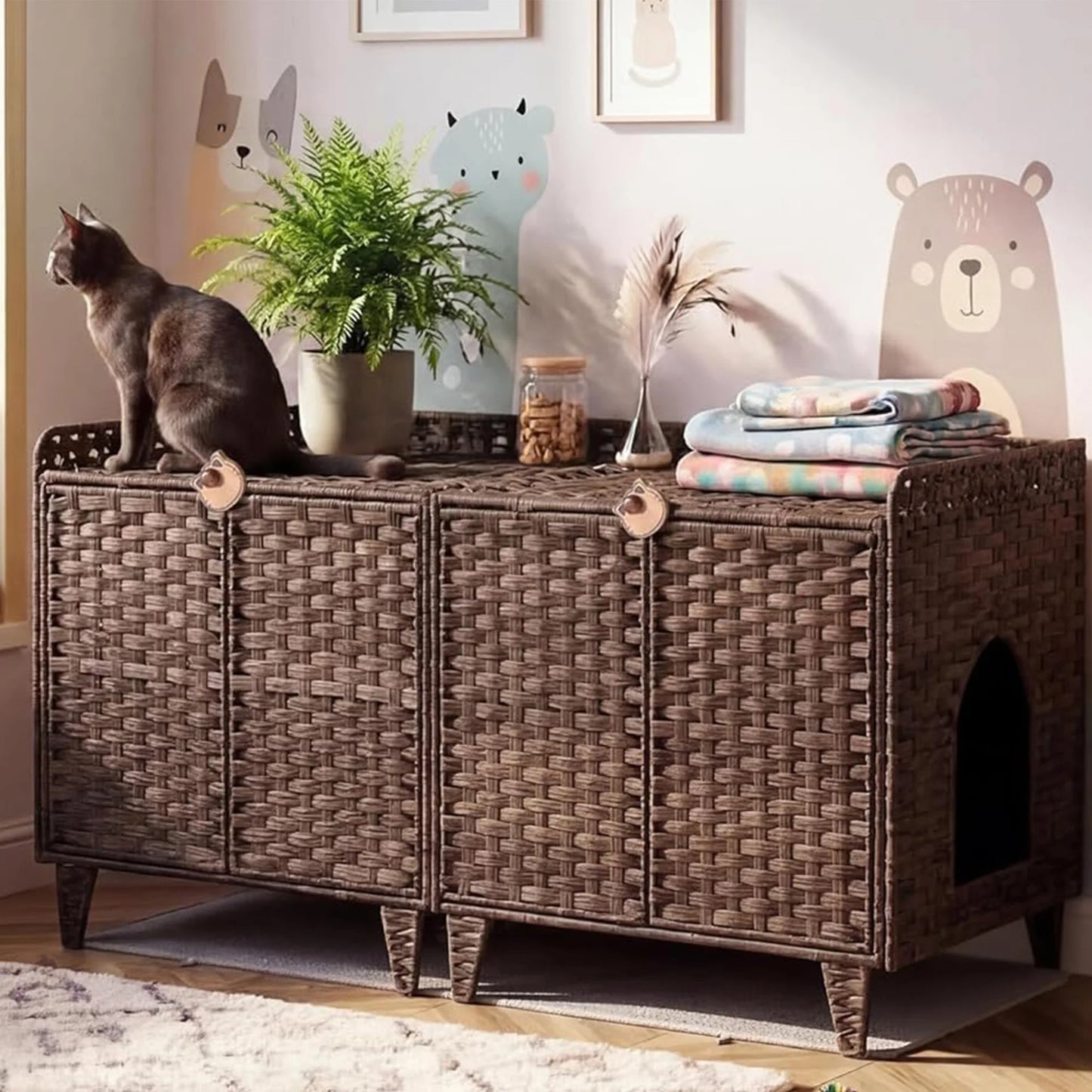 DishyKooker Rattan Litter Box Enclosure For Two Cats