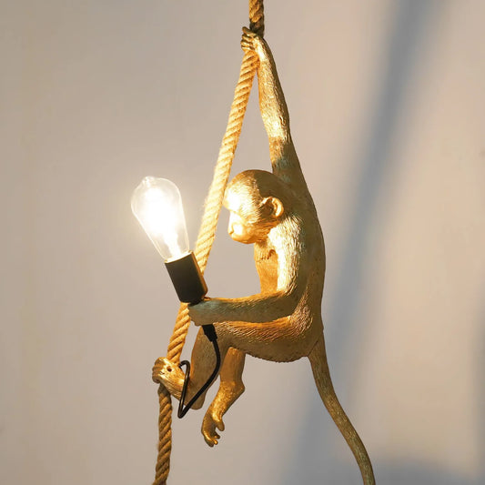 Vintage Monkey Pendant Light Resin Hemp Rope Ceiling Lamp E26