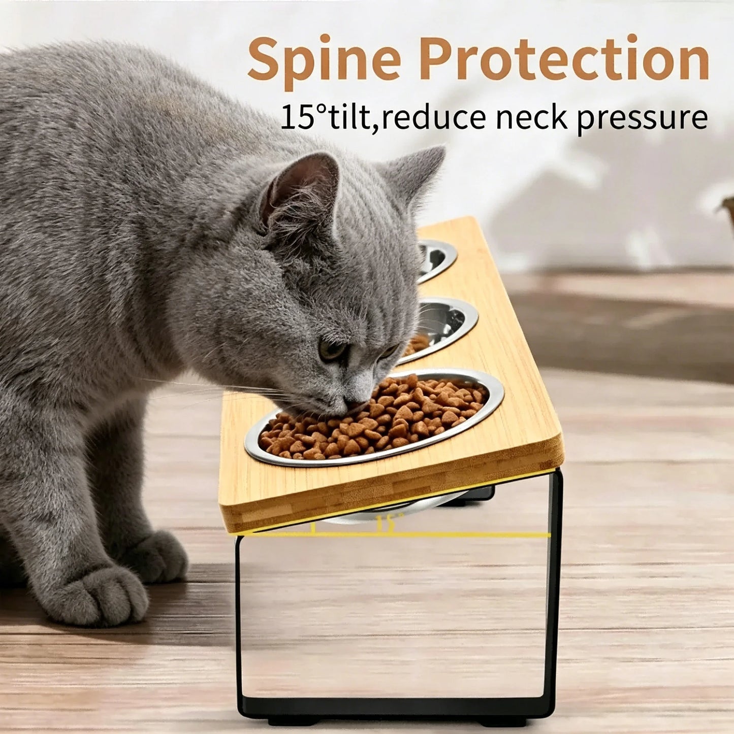 Elevated Cat Feeder With Tilted Bamboo Stand And Stainless Bowls