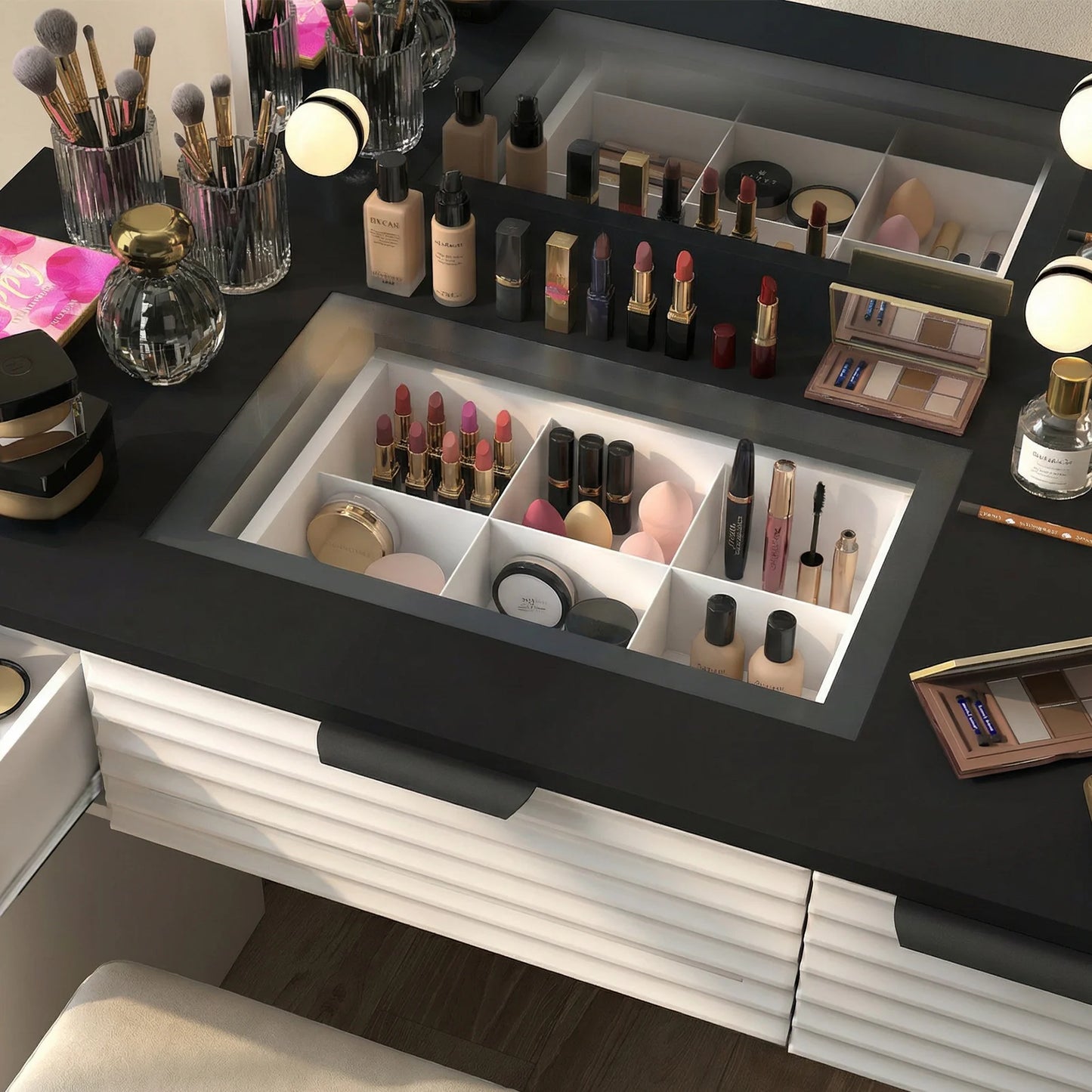 Modern Makeup Vanity Chair Set With Mirror Light Glass Top