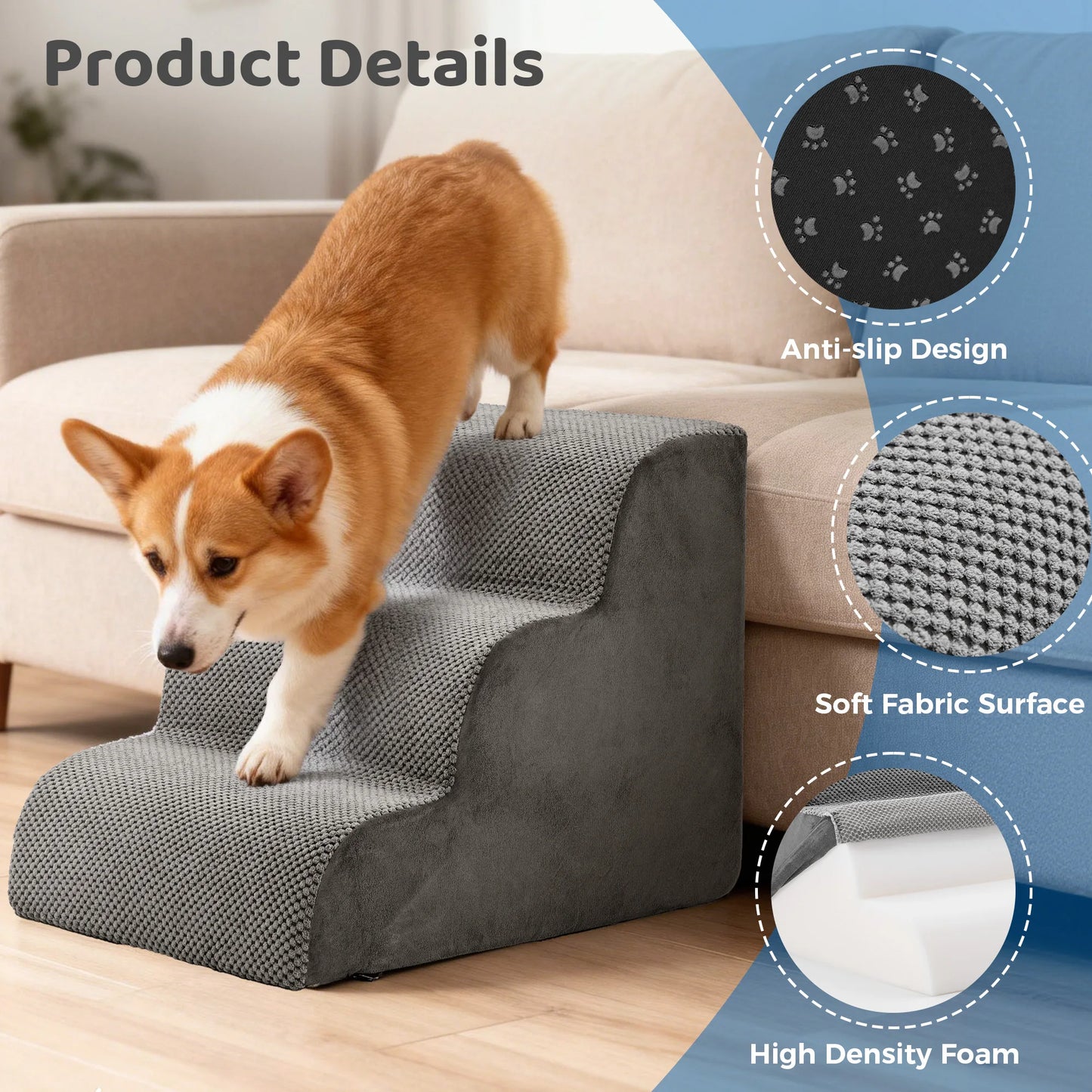 HighDensityFoam Dog Stairs Ramp 3 To 5 Steps Curved NonSlip
