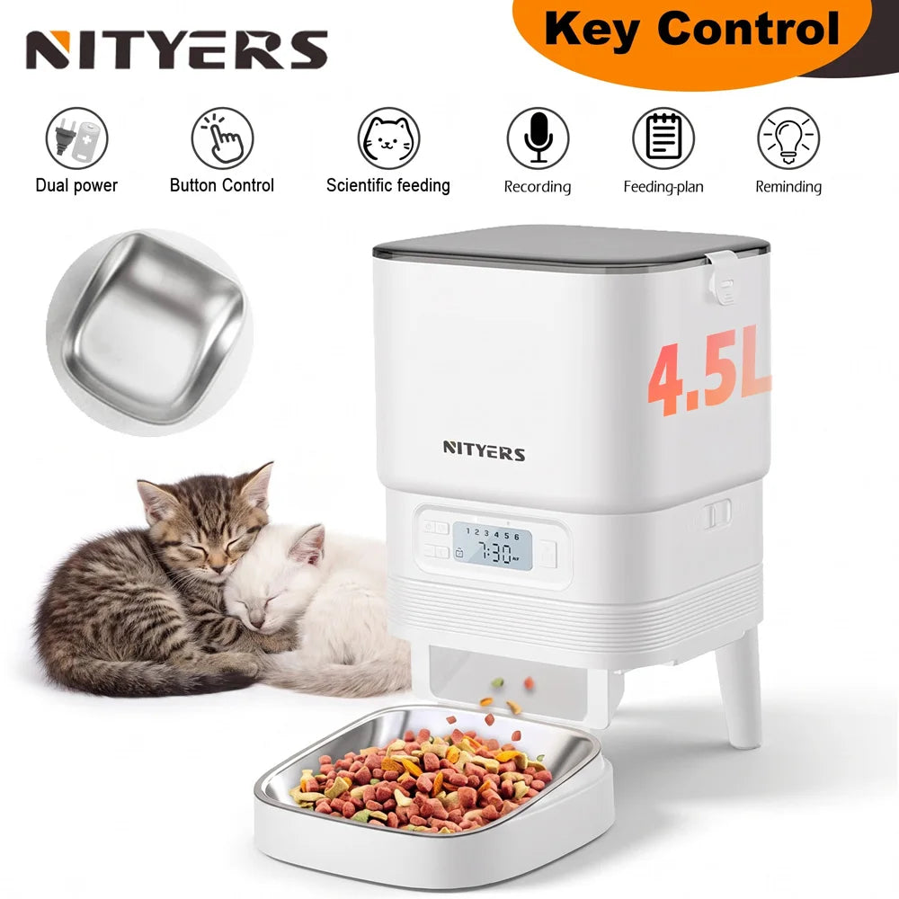 NITYERS 4.5L Automatic Cat Feeder With Timed Dispenser And Stainless Steel Bowl