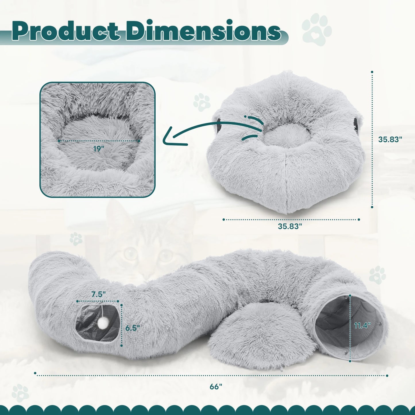 JHK Cat Tunnel Bed Indoor Plush Playground For Kittens Puppies