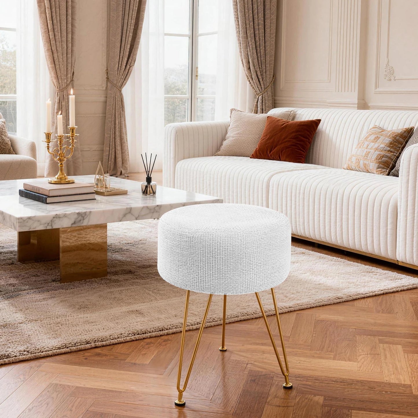 JHK Velvet Round Ottoman Vanity Stool for Home Use