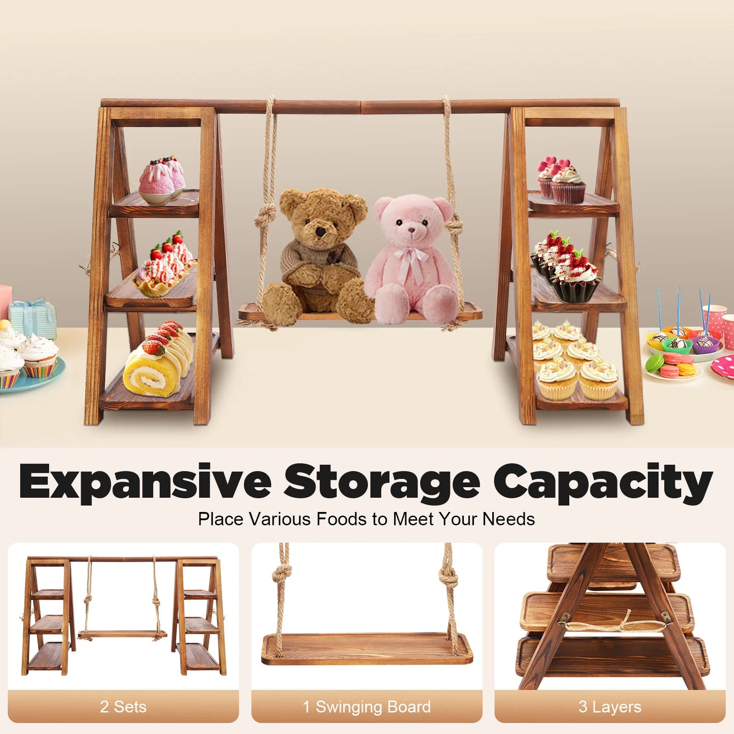 Bymaocar 3 Tier Solid Wood Dessert Stand Cupcake Display Rack