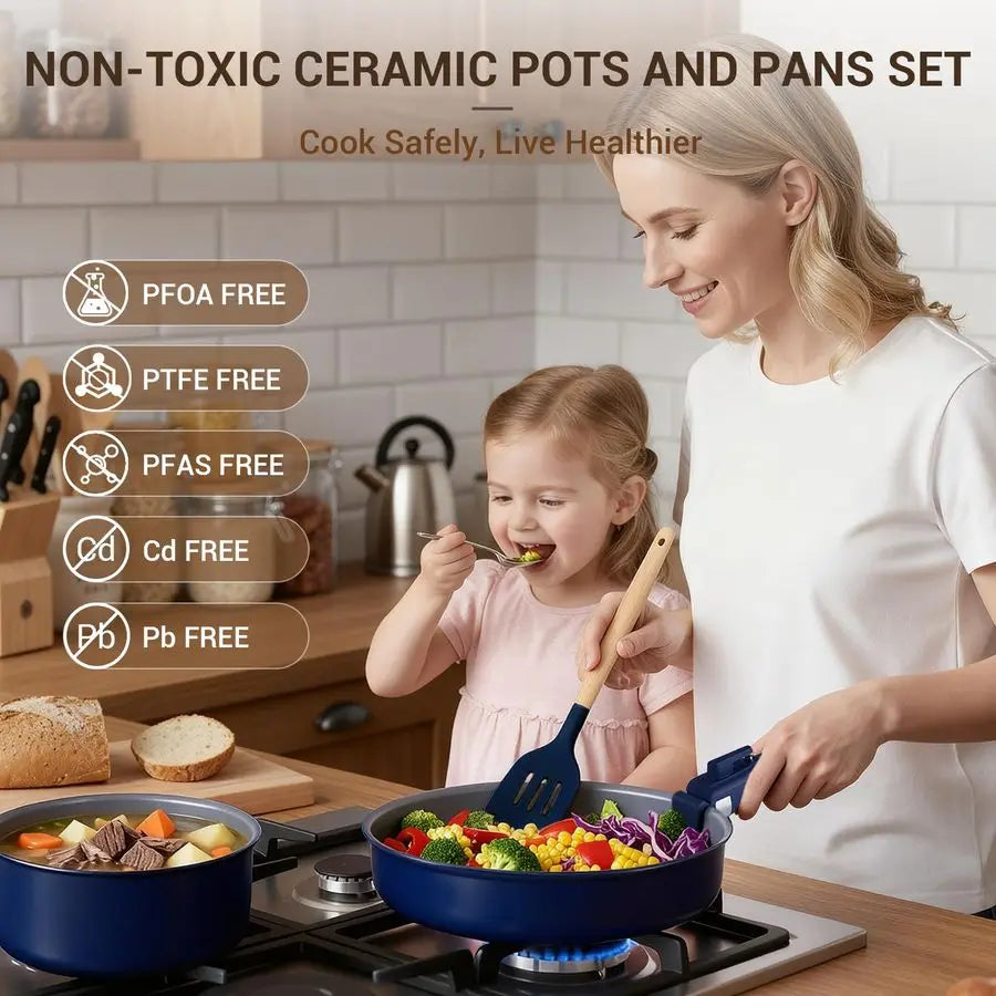 XMSJ 18-Piece Ceramic Nonstick Pots And Pans Set Removable Handles