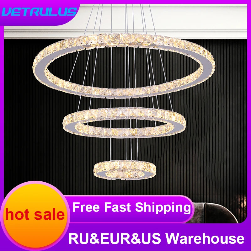 VETRULUS Modern K9 Crystal Pendant Light Led Chandelier